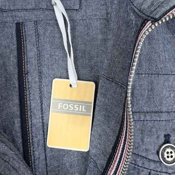 Fossil Jacket Mens Large Blue Chambray Full Zip Lightweight Classic Neutral NEW‎ - Picture 12 of 16